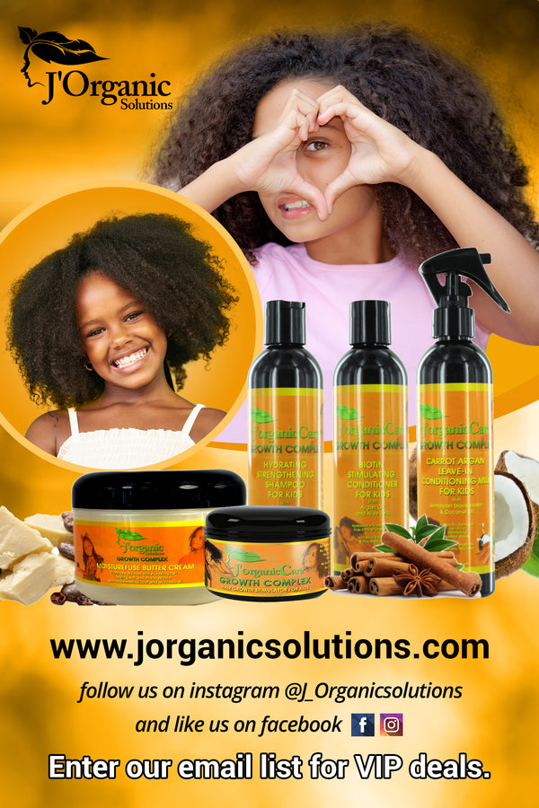 Kids' Healthy Hair Kit postcard featuring five J'Organic Solutions products
