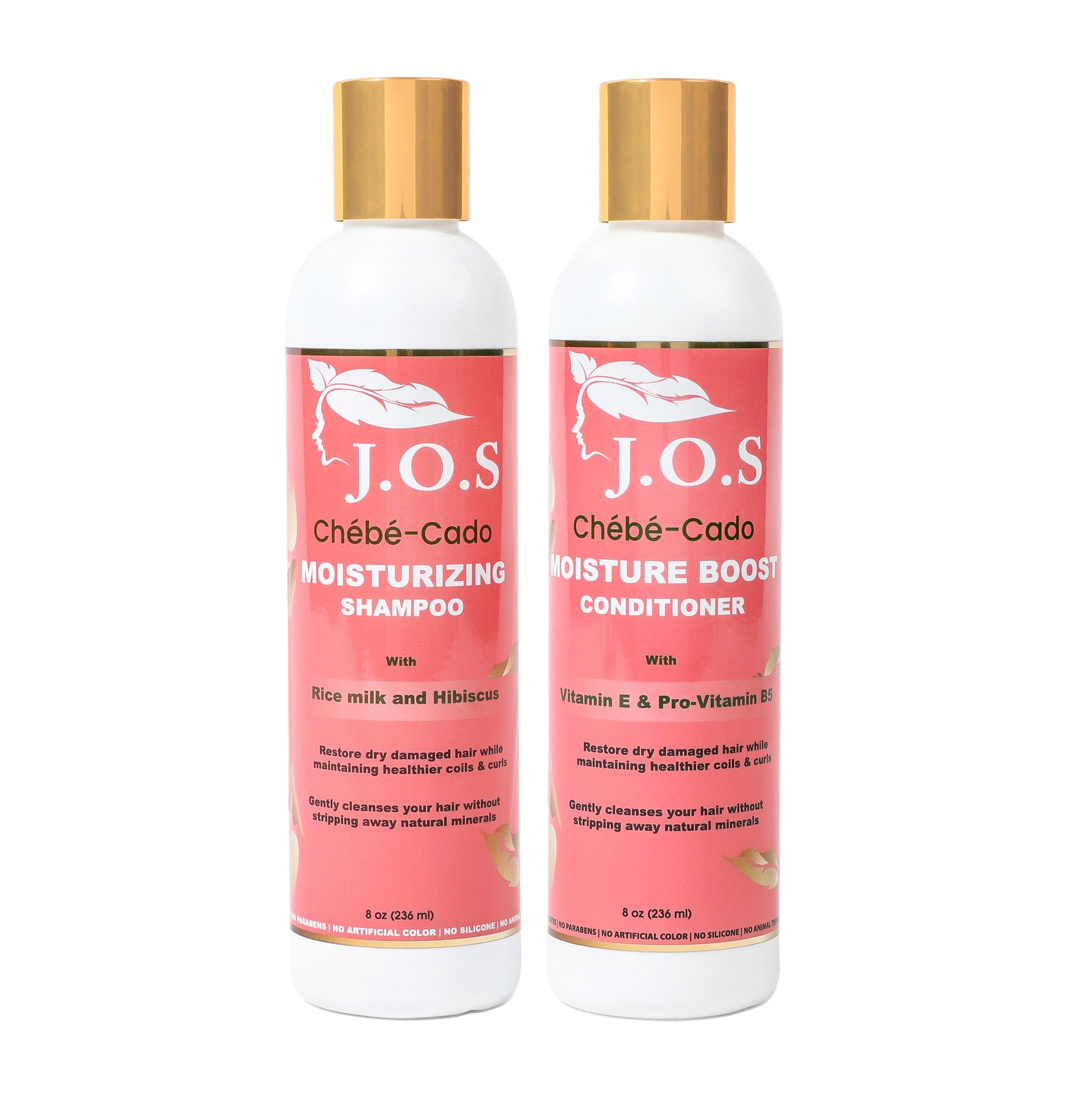 A bottle of Chébé-Cado Moisturizing Shampoo and a bottle of Chébé-Cado Conditioner, showcasing their natural ingredients designed to cleanse and hydrate curly hair without stripping its natural moisture. Main image