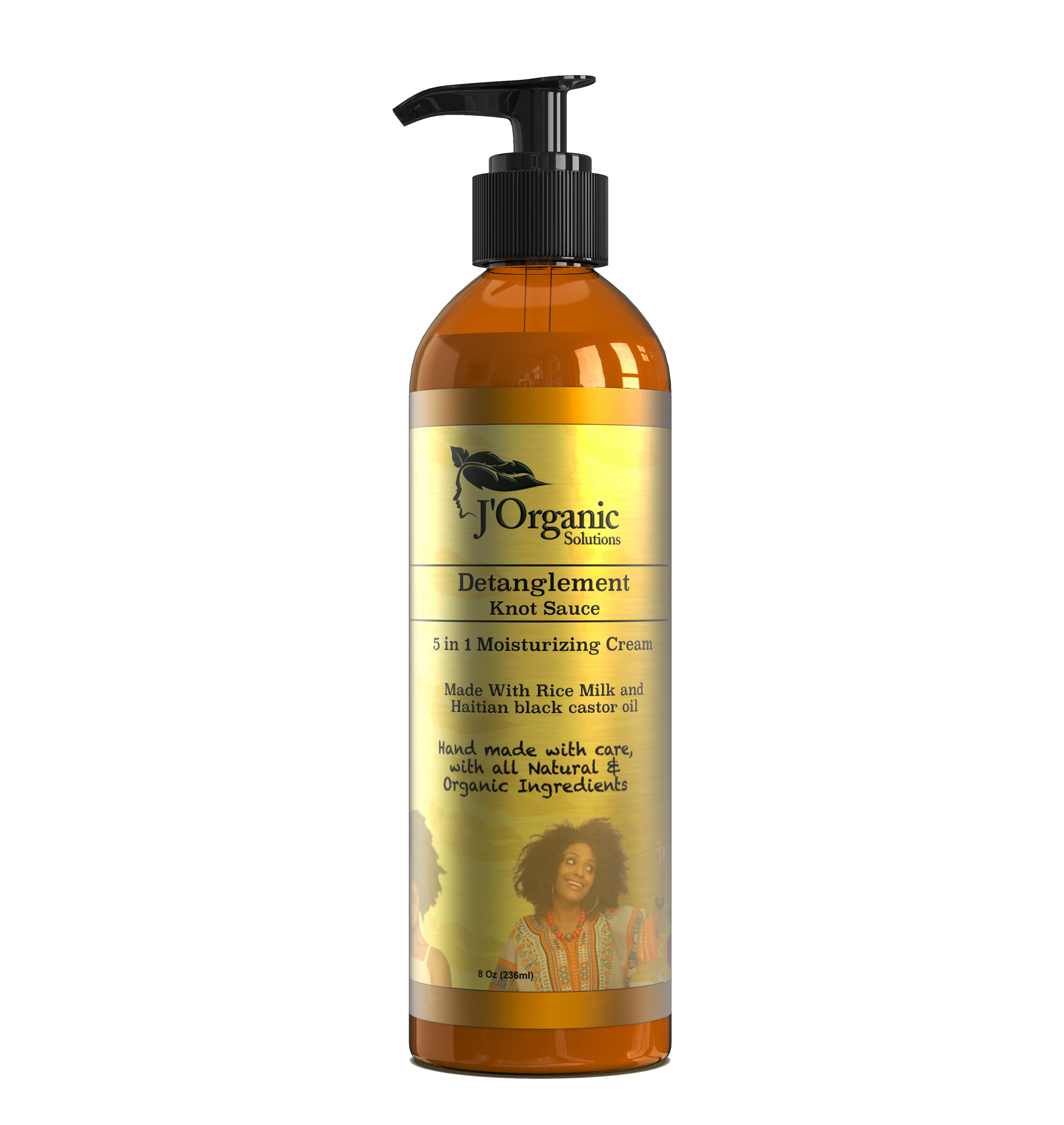 A jar of Detanglement Knot Sauce, a 5-in-1 moisturizing cream made with Rice Milk and Haitian Castor Oil, designed to nourish and detangle natural hair while providing curl definition and moisture.