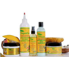 Hydra-Moisture Curls Popping Kit featuring Carrot-Peppermint Co-Wash, Blue-Green Algae Moisturizer, Moisture Lock Oil Nutrients, Curl Boosting Smoothie, and Moringa-Shea Hair Yogurt, designed for natural hair care."








