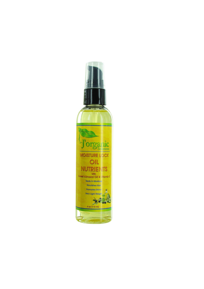 J'Organic Solutions Moisture Lock Oil Nutrients, a lightweight all-natural oil for hydrating and strengthening hair and scalp.