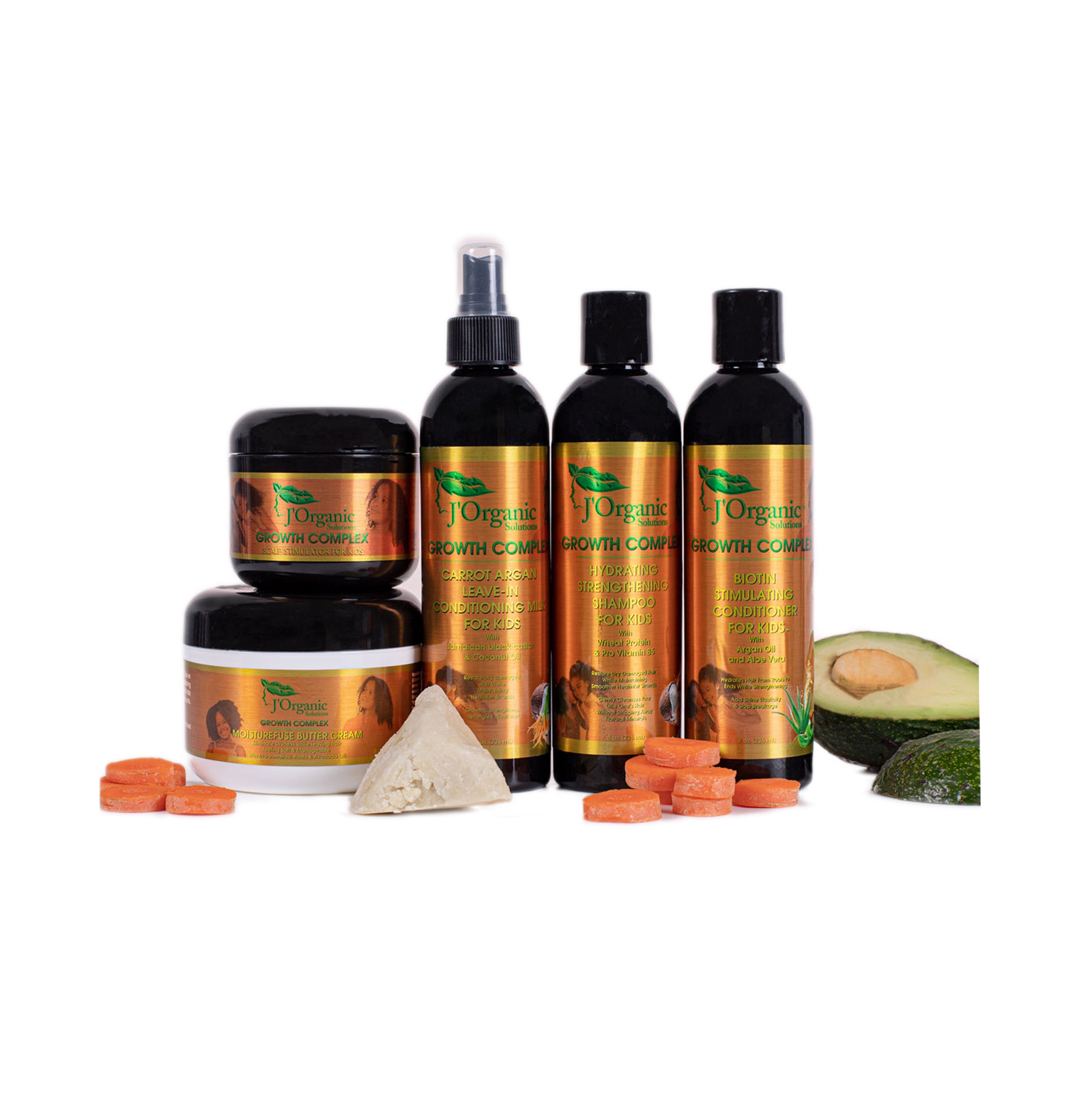 Kids includes a hydrating strengthening shampoo, biotin hair growth conditioner, moisture butter cream, and scalp stimulator designed for nourishing children's natural hair.