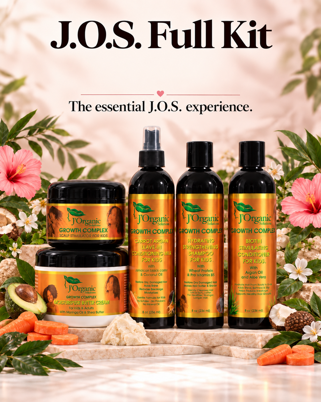 Kids hair kit with five products on a floral marble display