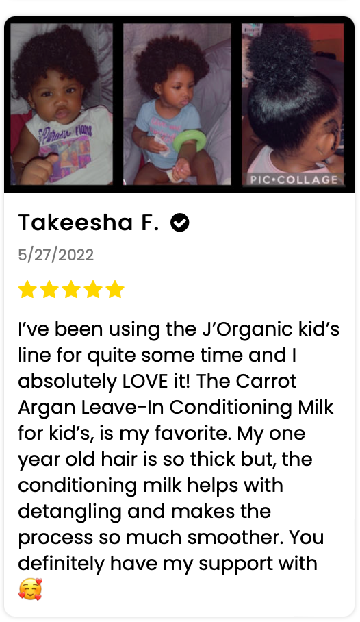 J’Organics Kid’s Healthy Hair Kit includes hydrating strengthening shampoo, biotin hair growth conditioner, carrot argan leave-in conditioning milk, and hair growth scalp stimulator for nourishing children's natural hair.